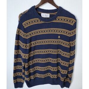 Penguin Dark Sapphire Gold Striped Sweater Mens XL 100% Cotton Ribbed Hem Cuffs